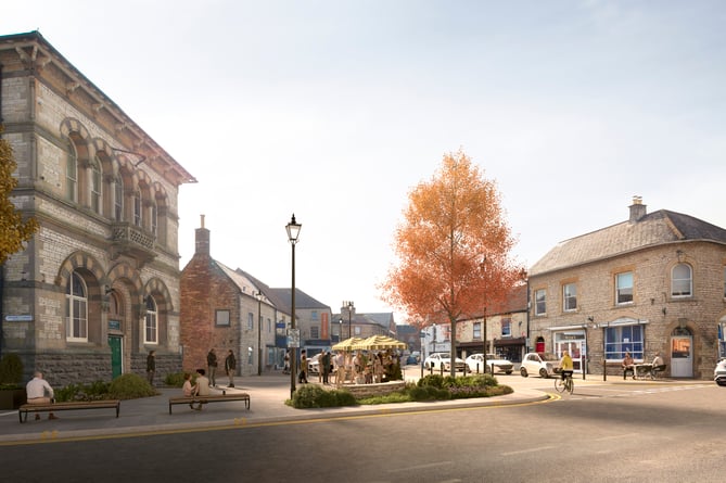 Computer generated images of Midsomer Norton Town Square Design produced by Nicolas Pearson Associates on behalf of Bath & North East Somerset Council, 2024