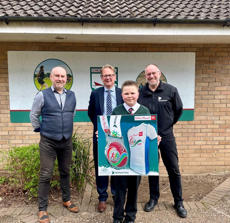 Leo, who is pictured alongside the main race sponsors, Mark Houlford of Brock & Houlford, Justin Taylor, of Winford Ford Car Sales and Service Department, and Gareth Beynon, headteacher at Chew Valley School.