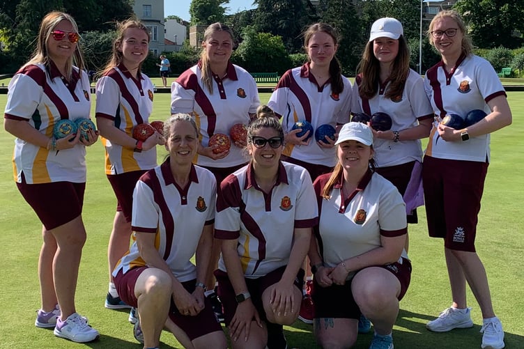 Somerset, front row: Fiona Waters (team manager), Laura Holden (team captain) & Olivia Starr; Back: Madi King, Lydia Sheldrake, Imogen Cracknell, Fliss Sheldrake, Chloe Holmes & Chantelle Williams.