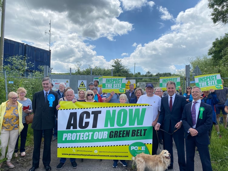 The protest at the Queen Charlton Quarry, with local residents, members of Protect Our Keynsham Environment, and MP candidates Jacob Rees-Mogg, Dan Norris, and Edmund Cannon (Image: John Wimperis)