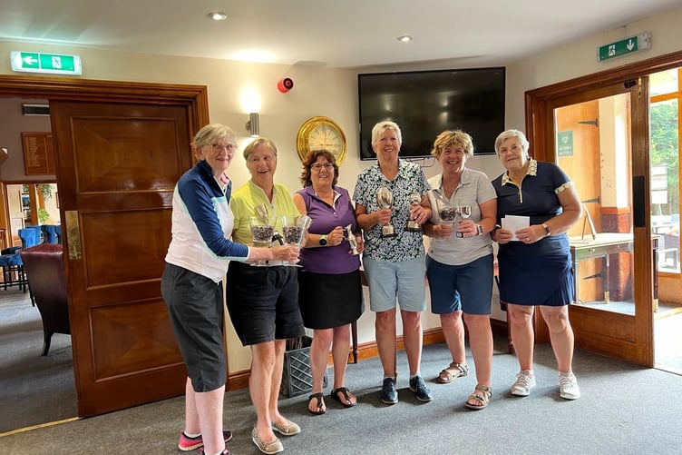 The Orchardleigh Ladies Club Championship trophy winners are pictured from left to right: Lady Captain Lin Handley presenting the trophies to Pat Pitt, Sarah Hynds, Ann James, Sue Marshall and Liz Thomas.