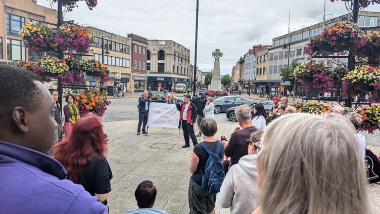 A photograph of speakers at the anti-far right demonstration in Taunton on Saturday, August 17 (Photo: Andy Mitchell, Chair of the Somerset & North Devon Unite Community Branch.)