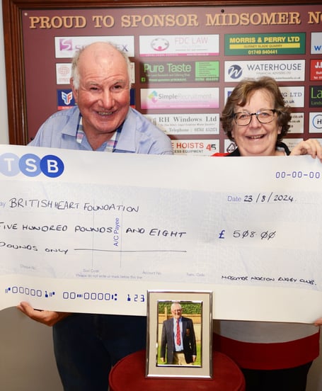 Pictured with Dave Stock the Quizmaster is Simon's widow Jenny Mollison and a cheque of £508 for the British Heart Foundation.