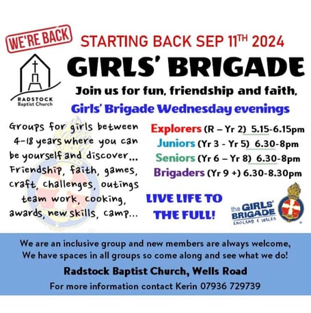 The Girls Brigade will be starting on Wednesday, September 11