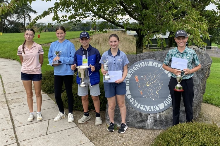 Junior club championships, left to right: Connie Cox (junior captain), Ava Pitcher, Harry Bassett, Maisie Dezis and champion Owen Roach.