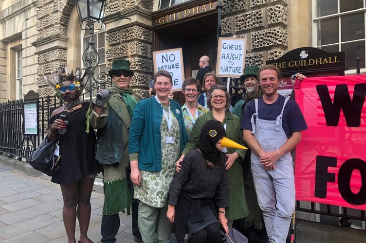 Supporters of the rights of nature motion with Bath and North East Somerset Council\'s Green councillors (centre, left to right) Sam Ross, Saskia Heijltjes, and Joanna Wright, and (right) Paul Powlesland of Lawyers for Nature 