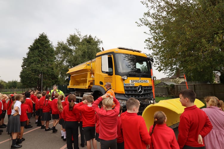 Pupils getting an up close look at a road gritting lorry