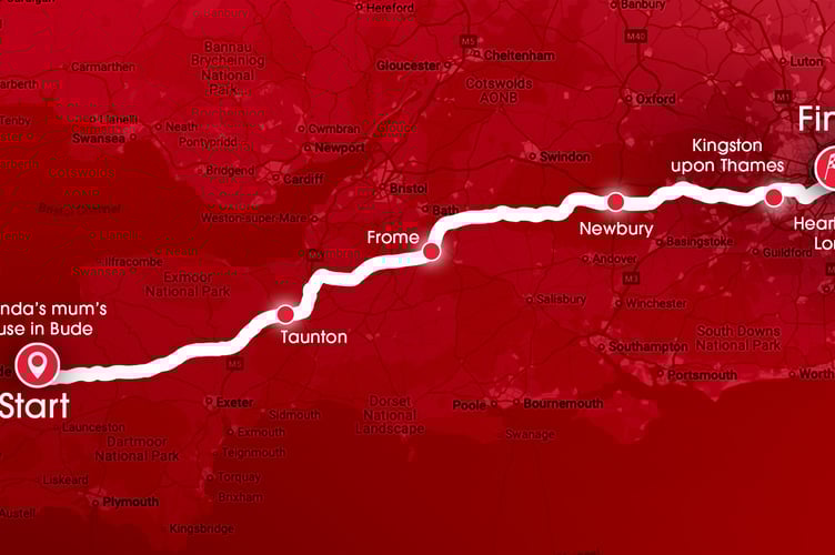 Amanda Holden route from Bude to London