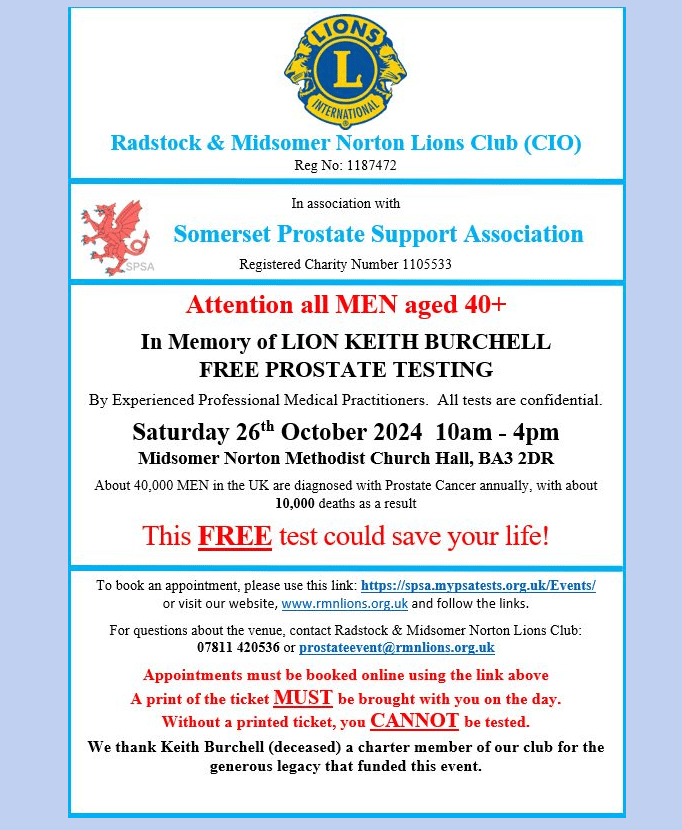 Advertisement for Radstock and Midsomer Norton Lions prostate cancer event