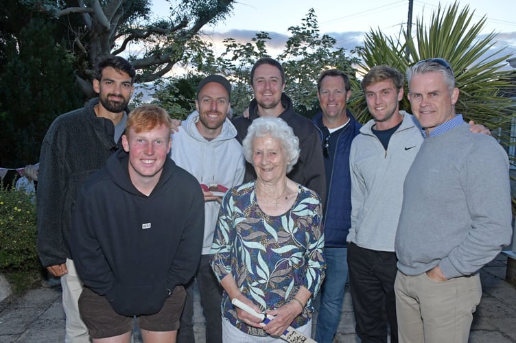 Mary Elworthy-Coggan at her 30th and final BBQ this summer with left to right: Andy Umeed, James Rew, Jack Leach, Tom Kohler Cadmore, Marcus Trescothick, Tom Lammonby and Jamie Cox..