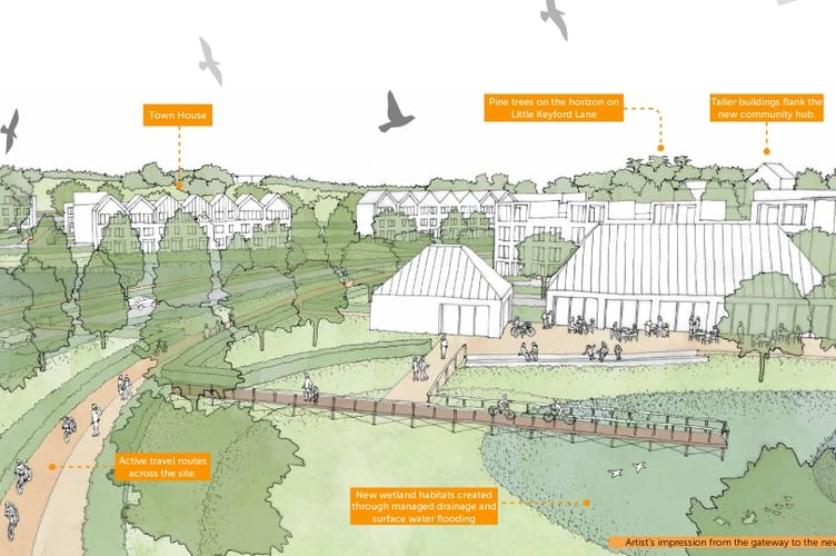 Artist's impression of the wetlands gateway within the Selwood Garden Community, Frome.