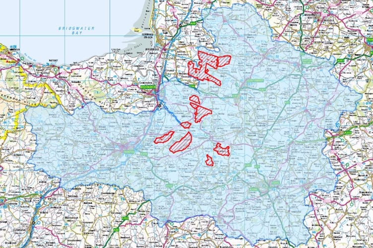 The Somerset Levels and Moors Ramsar site (red) and the affected catchment areas in Somerset (blue).