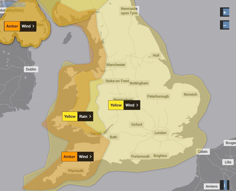 An amber weather warning will be in place for the West of England on Saturday