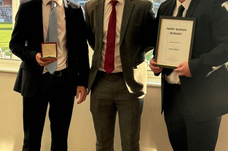Somerset’s Tom Abell (centre) with Thomas Rew (left) and James Hibbert at the Harry Burden Memorial Luncheon