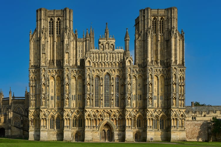 A wide shot showing the West front of Wells Cathedral