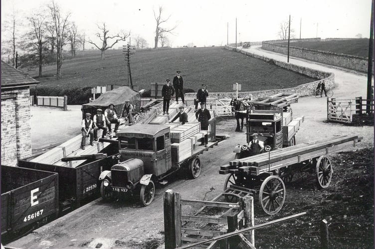 The photograph shows Midsomer Norton Station, specifically the goods yard once used for handling deliveries.