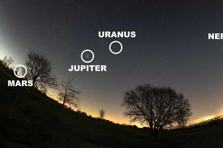 The planetary parade was photographed on January 2. It captures six planets of the solar system and the Moon. This was three wide-angle shots generated as a panorama.    A talented photographer has shown off his stargazing images taken so far this year. Josh Dury, 27, captures cosmic wonders from various locations around the UK. His work this January includes an incredible picture show both the Moon and Venus, and another featuring six planets and the Moon.