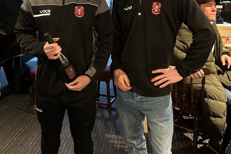 Man of the Match Dan McBeam receives his award from sponsor Jon Filer of JMF Plastering