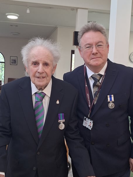 Alf Prideaux with his son Steven, who investigated why his father hadn't received any medals for his service.