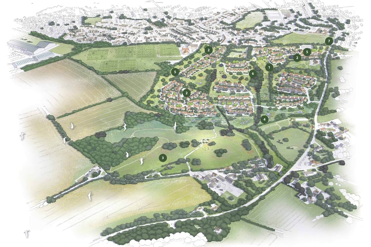 Artist's impression of 330 new homes on the B3090 Oldford Hill in Frome (Graphic: Barwood Land)