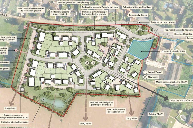 Revised plans for 60 homes and community hub on Roughmoor Lane in Westbury-sub-Mendip (Graphic: Thrive Architects)