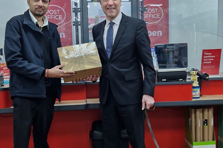 Dan Norris MP alongside Keynsham Post Office postmaster Hardik Pandya