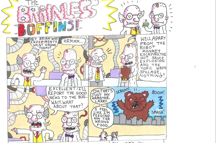 Artie Hicks' four panel comic 'The Brainless Boffins'.
