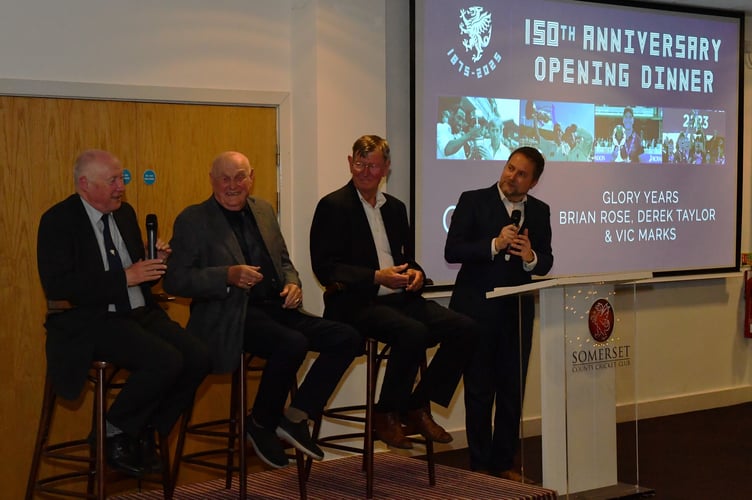 Three members of the 'Glory Years,' left to right: Vic Marks, Derek Taylor and skipper Brian Rose with compare Spencer Bishop.