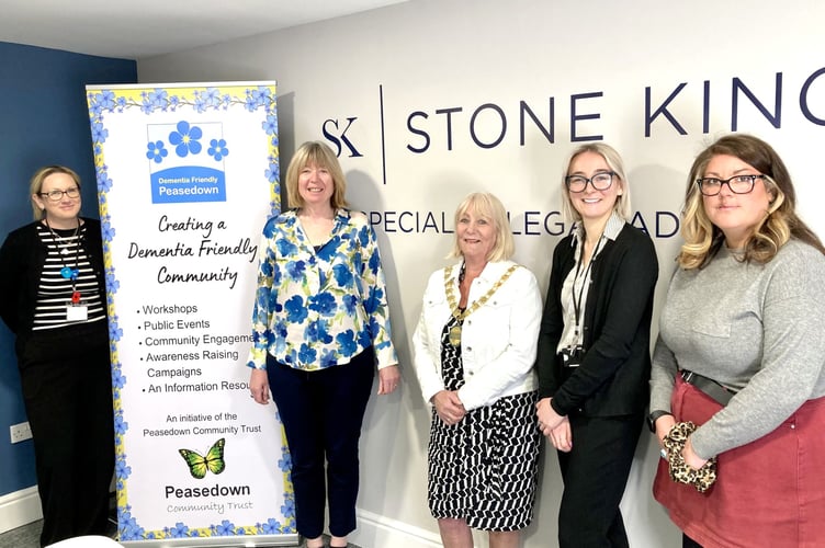 Chair of B&NES Council, Cllr Karen Walker (centre) visits the Stone King offices in Bath to meet Alison Allen, Michelle Nash and colleagues – who will be a part of this year’s Dementia Awareness Conference in Peasedown St John.
