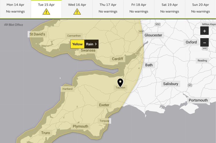 The Met Office has issued a weather warning for heavy rain in parts of Somerset this week