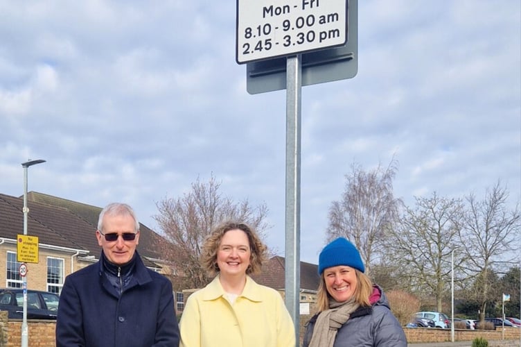 Frome and East Somerset MP Anna Sabine with Frome Town Council deputy clerk Peter Wheelhouse and town councillor Carla Collenette within the Frome Safer School Streets zone, Frome Town Council.