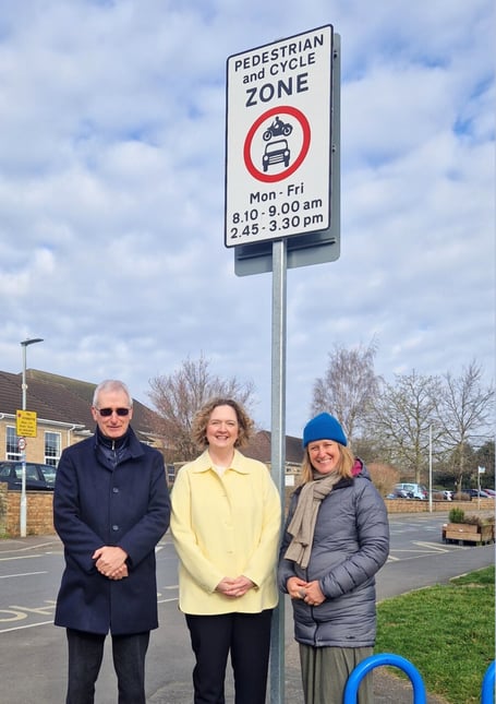 Frome and East Somerset MP Anna Sabine with Frome Town Council deputy clerk Peter Wheelhouse and town councillor Carla Collenette within the Frome Safer School Streets zone, Frome Town Council.