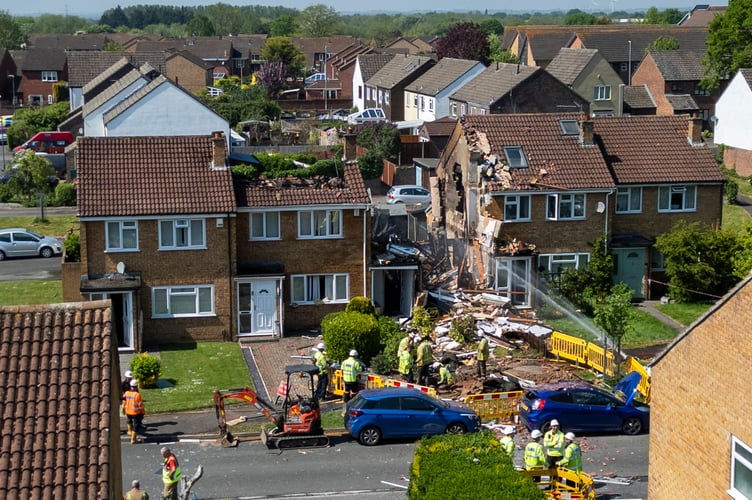 Drone image of the scene at Lancaster Road, Yate, Glos, where a house has been destroyed after a suspected gas explosion. Yate, Gloucester. April 29 2025. A house has been destroyed in a suspected gas explosion.Emergency services are at the scene of a major incident which left the home a wreck after a blast was reported this morning (Tues).Videos show smoke and flames pouring from a property in Lancaster Road, Yate, Glos.Fire services are at the scene and the cause has initially been reported as a gas explosion.A spokesperson for Avon Fire and Rescue Service said: "We currently have multiple crews on scene at a property on Lancaster Road, Yate to reports of an explosion.