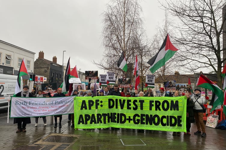 Protestors outside Keynsham Civic Centre calling for Avon Pension Fund to divest from the arms trade and investments in the occupied West Bank (Image: John Wimperis)