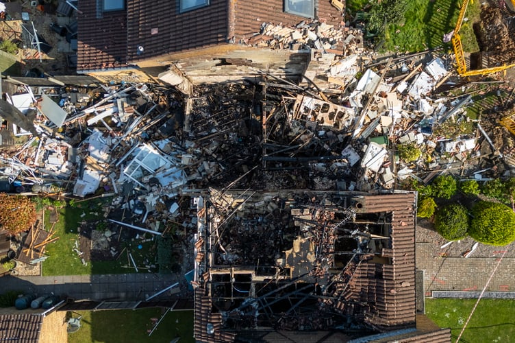 The aftermath of a gas explosion in Yate. It is reported that all the houses in the terraced row will have to be demolished due to damage from the explosion. Yate, South Gloucestershire. May 01 2025. A family living next door to a house which blew up in a suspected gas explosion say their home is to be knocked down as a result. Rich Cainey, 35, a repair worker for Airbus, lived with parents, Rob and Deb, both 60, at a property next to the blast home in Yate, Glos. It was was destroyed in an explosion on Tuesday which saw four people hurt - as witnesses say it is a 'miracle' no-one was killed. Rich say insurers are saying his and other homes on the row will have to be demolished.
