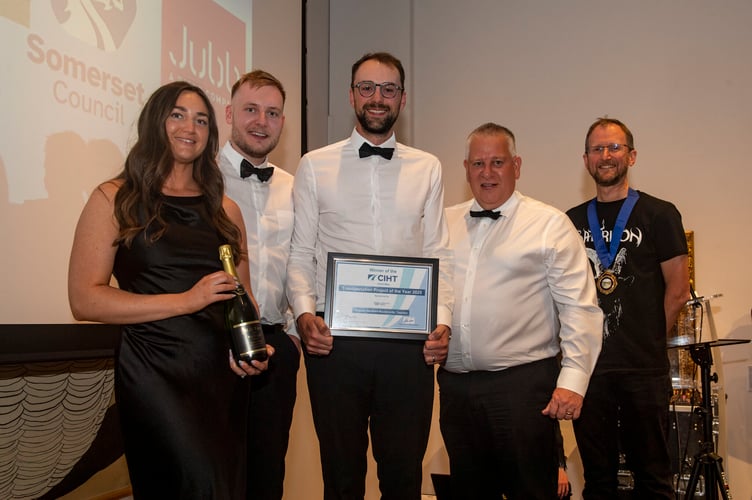 Attached is an image of the Firepool team at the awards ceremony: Pictured L-R: Alice Searle (Milestone), Reece Temple (Milestone), Peter Boden (Milestone site agent), Richard Brown (Somerset Council Regeneration Manager), and Glenn Lyons (CIHT President)