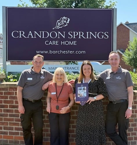 Meg Cleal, Crandon Springs General Manager, alongside Senior Head of Maintenance Pete Laing, Maintenance Assistant Matt Harley, and Residents’ Ambassador, Christine Trutch, celebrating the care home’s `outstanding` rating for health and safety. 