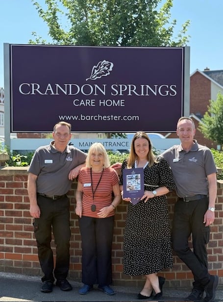 Meg Cleal, Crandon Springs General Manager, alongside Senior Head of Maintenance Pete Laing, Maintenance Assistant Matt Harley, and Residents’ Ambassador, Christine Trutch, celebrating the care home’s `outstanding` rating for health and safety. 