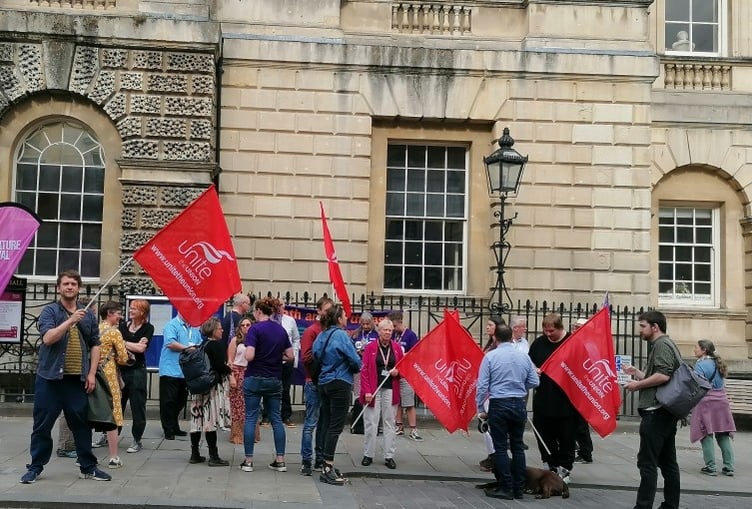 Radstock councillor Lesley Mansell among Unite members protesting outside the Guildhall in Bath.