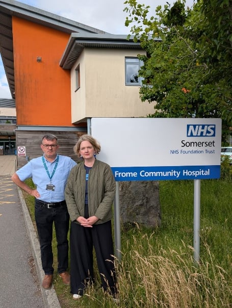 Liberal Democrat MP Anna Sabine and Councillor Adam Boyden outsite Frome Community Hopsital