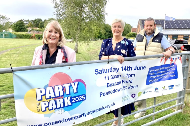 Cllr Karen Walker (Peasedown Party in the Park Festival Manager), Benice Hampton (Peasedown Community Trust Trustee) and Cllr Gavin Heathcote (Peasedown Party in the Park Festival Manager) are getting ready for the 2025 running of the event.