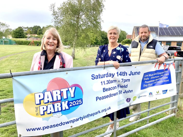 Cllr Karen Walker (Peasedown Party in the Park Festival Manager), Benice Hampton (Peasedown Community Trust Trustee) and Cllr Gavin Heathcote (Peasedown Party in the Park Festival Manager) are getting ready for the 2025 running of the event.