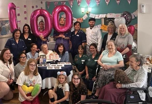 Celebrations of Bertha's 100th birthday at Bloomfield Care Home in Paulton.