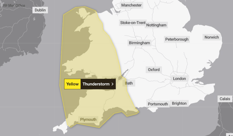The Met Office has issued a yellow thunderstorm warning for the south west to begin at midnight tonight (June 11)