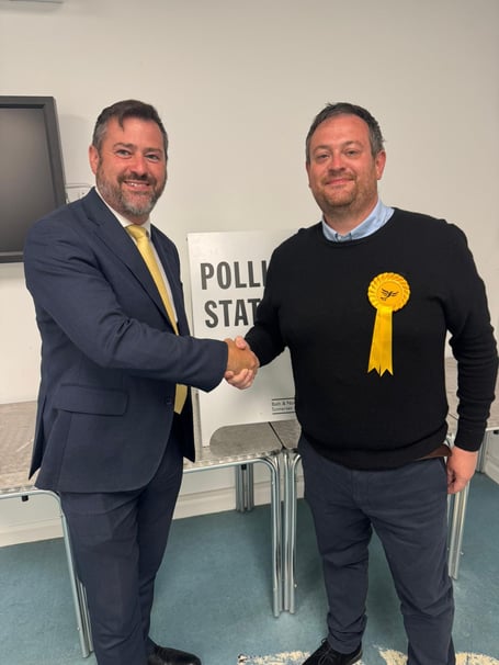 Council leader Kevin Guy (left) and Lib Dem Mendip byelection winner Simon McCombe (left) at the count on Thursday night.