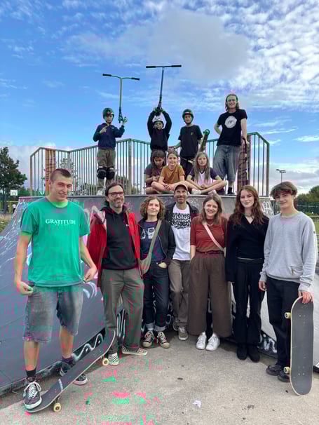 members of Frome Skatepark Project with Cllr Fiona Barrows and Cllr Polly Lamb at the existing skatepark