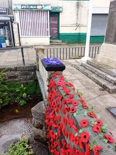 Hundreds of poppies have been lovingly knitted and crocheted for this fitting installation  