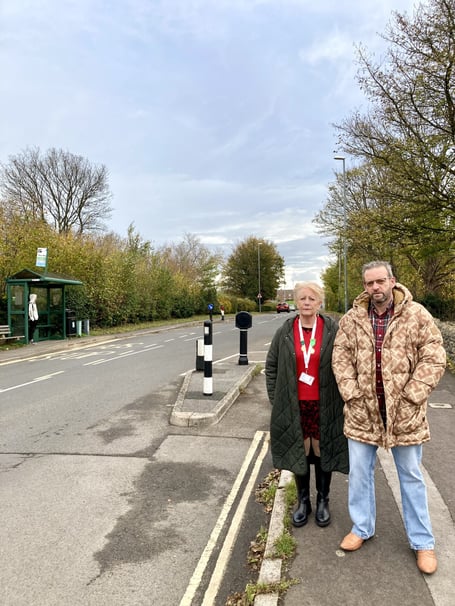 Cllr Karen Walker (left) and Cllr Gavin Heathcote (right) have asked B&NES Council to installed to install a flashing ‘Slow Down’ sign in Bath Road, Peasedown St John, following requests from local residents for vehicle speeds to be reduced.