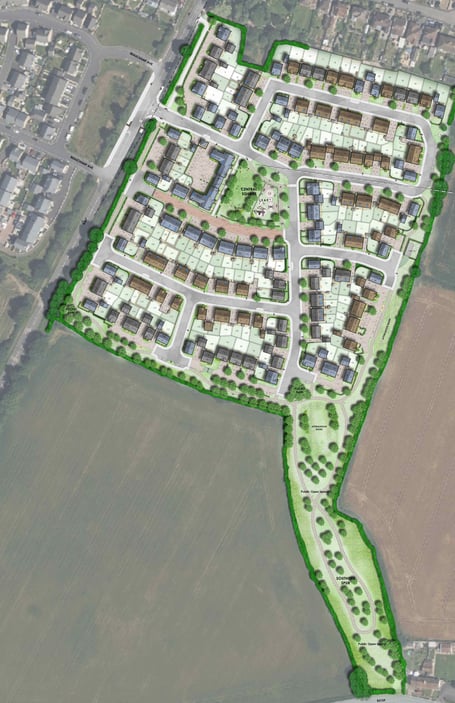 Proposed layout for the Wellow Brook development in Midsomer Norton, showing the planned arrangement of homes, green spaces, and pedestrian and cycle routes.