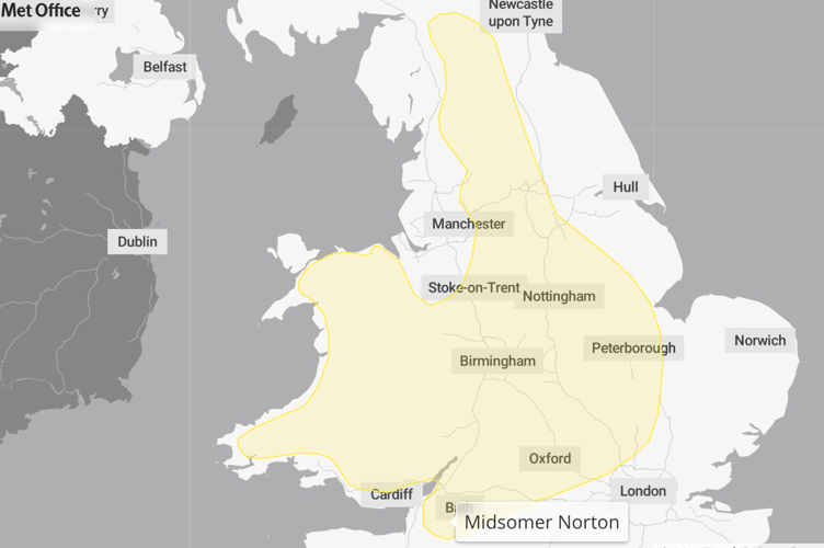 A yellow snow warning has been issued for Midsomer Norton and nearby areas, with wintry conditions expected from Thursday afternoon into Friday morning.